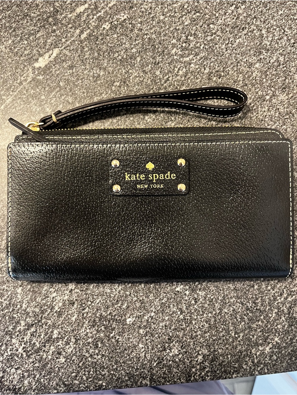 kate spade Black Leather Wristlet Clutch with Gold Logo